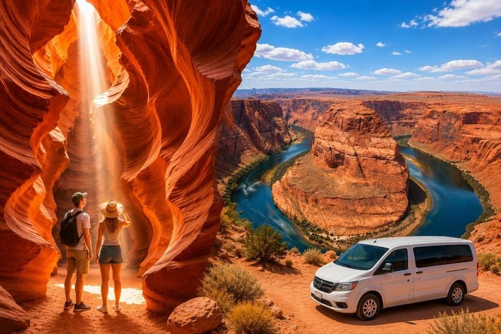 Composite product image showing Antelope Canyon, Horseshoe Bend, and a tour van